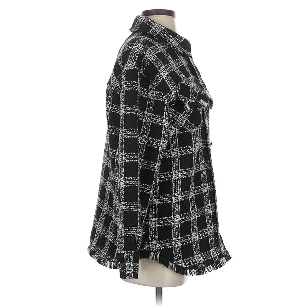 House of Harlowe 1960 black white plaid fringe trim shacket jacket size S - Picture 3 of 7